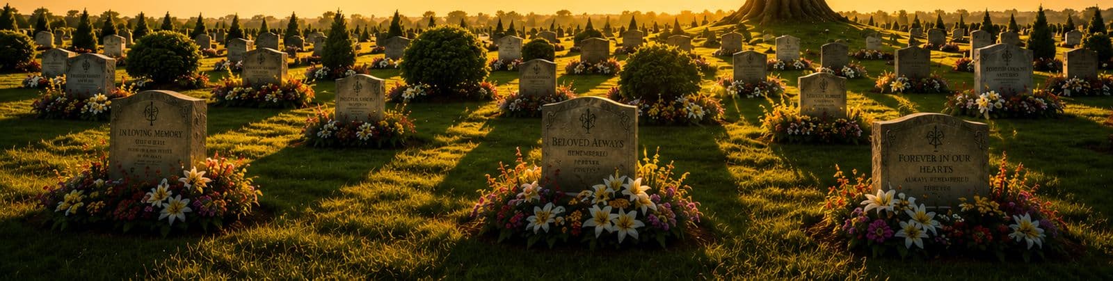 A peaceful memorial garden in warm evening light