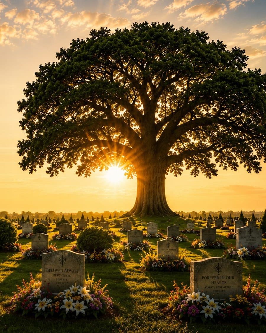 A great oak at golden sunrise over a peaceful memorial garden